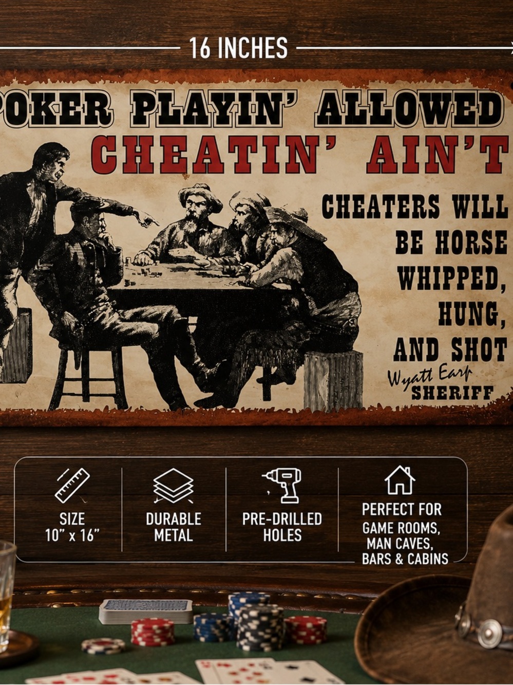 Vintage Poker Sign - Cheatin' Ain't Allowed - Red & Cream